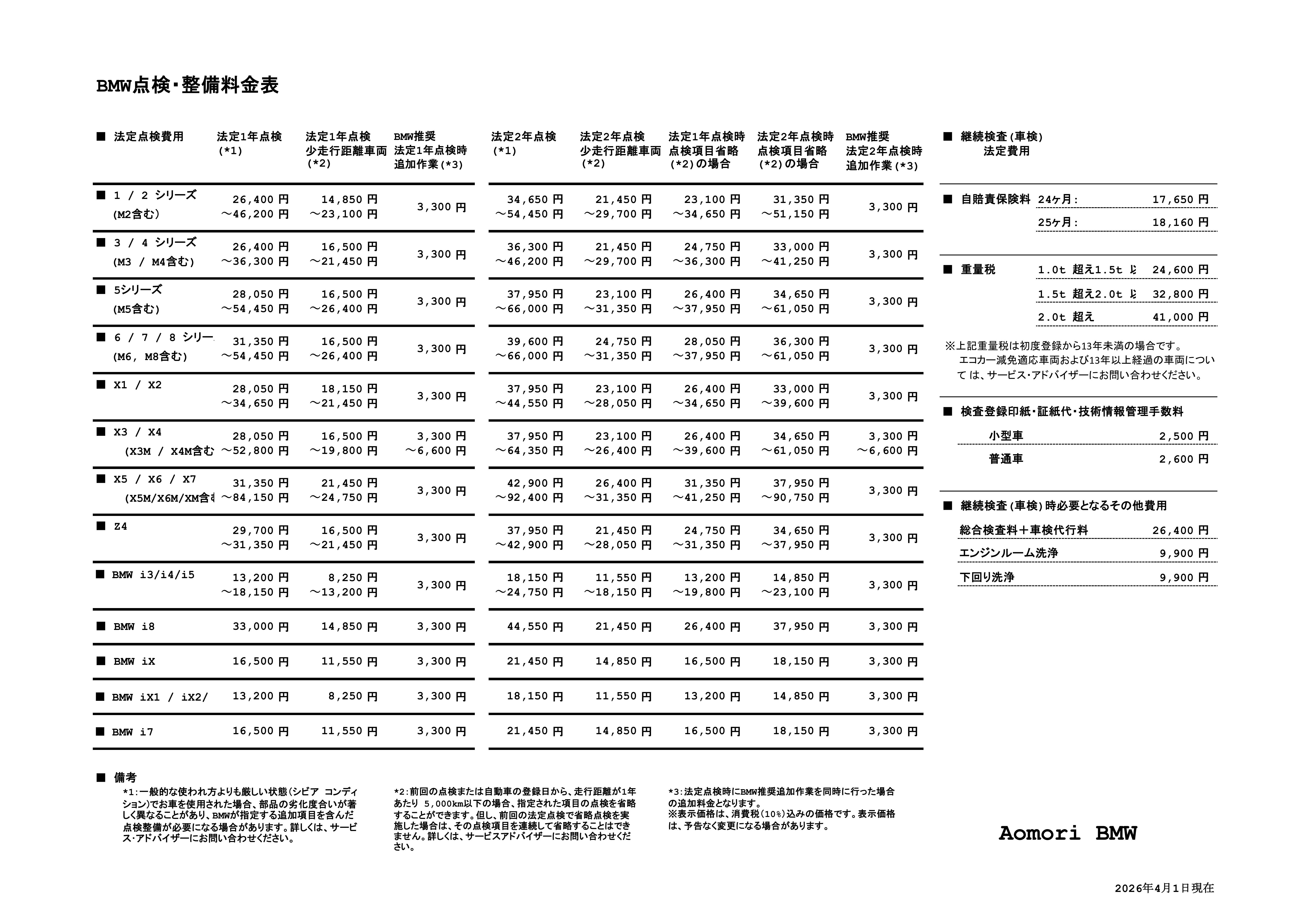 点検整備料金表
