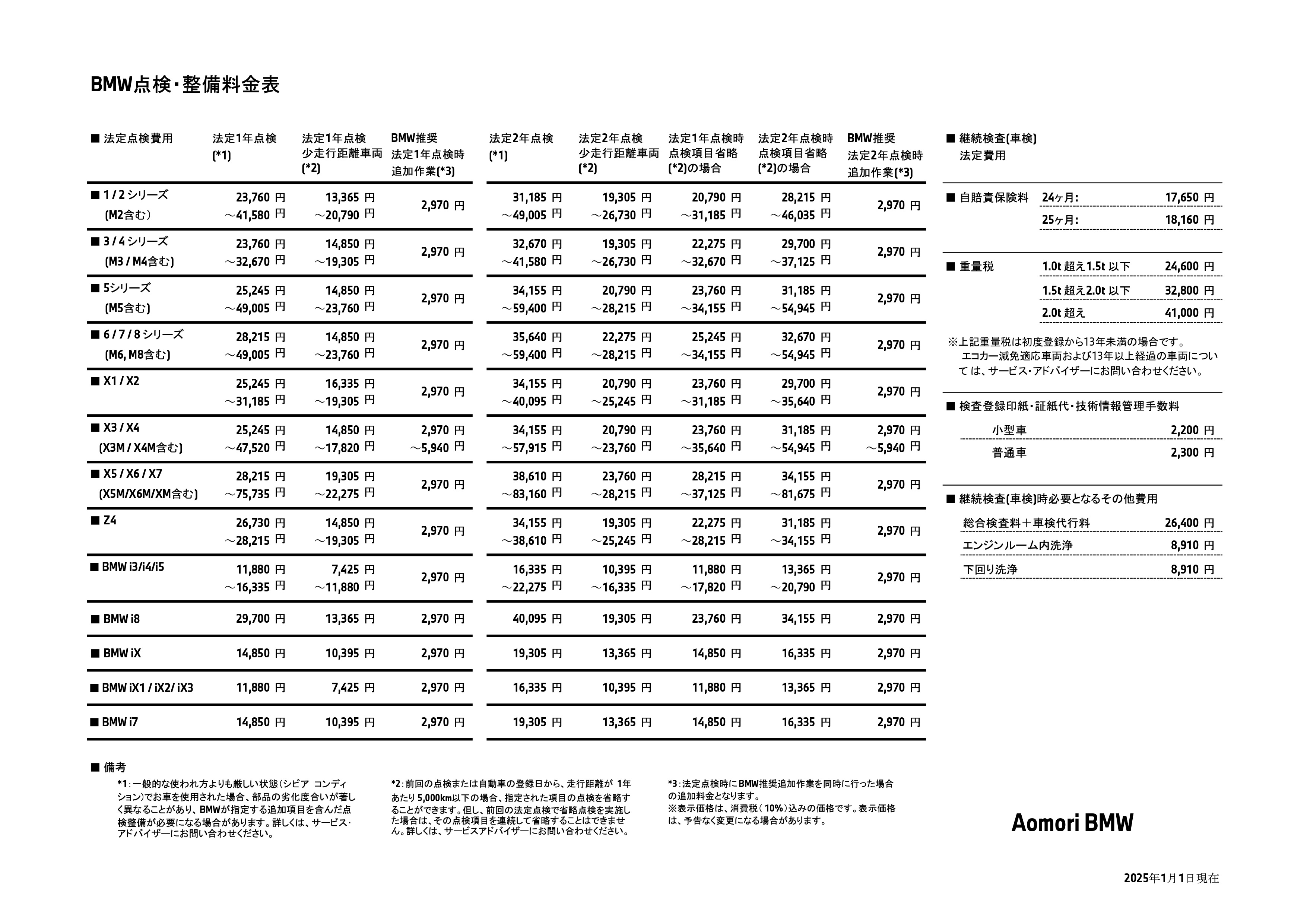 点検整備料金表